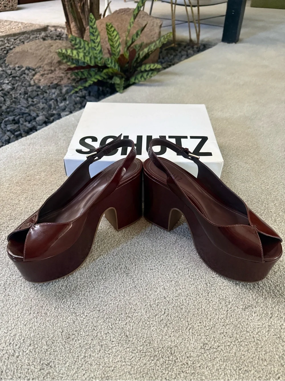 SCHUTZ Brandi Leather Platform Slingback Heels in Root Beer Brown